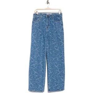 Flying Angel Floral Embroidered High Waist Wide Leg Jeans In Medium Dark Wash si